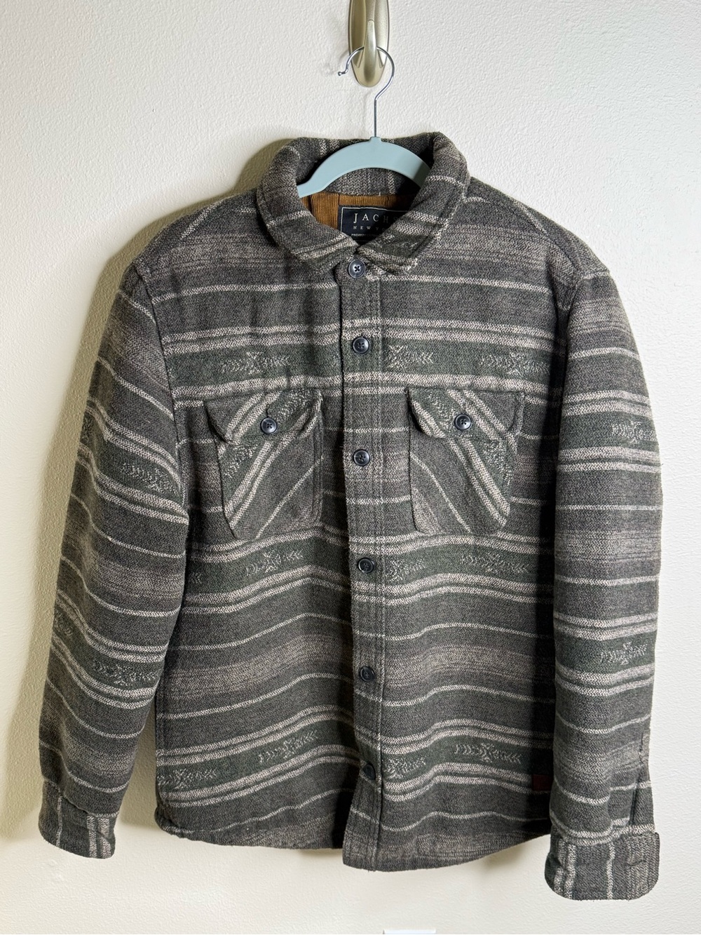 JACHS New York Men's M Gray/Green Striped Sherpa Lined Button-Front Jacket